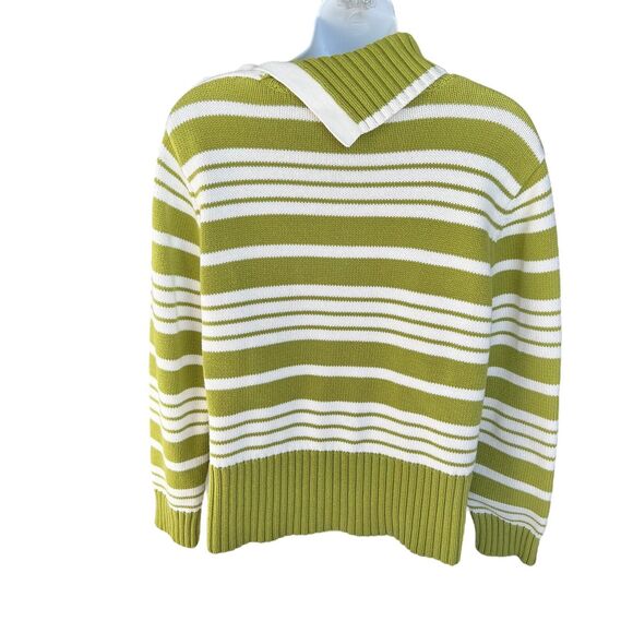 Green Ivory Stripe Sweater Womens Large Nautical Knit Buttons Classic Preppy Vtg - Picture 3 of 13